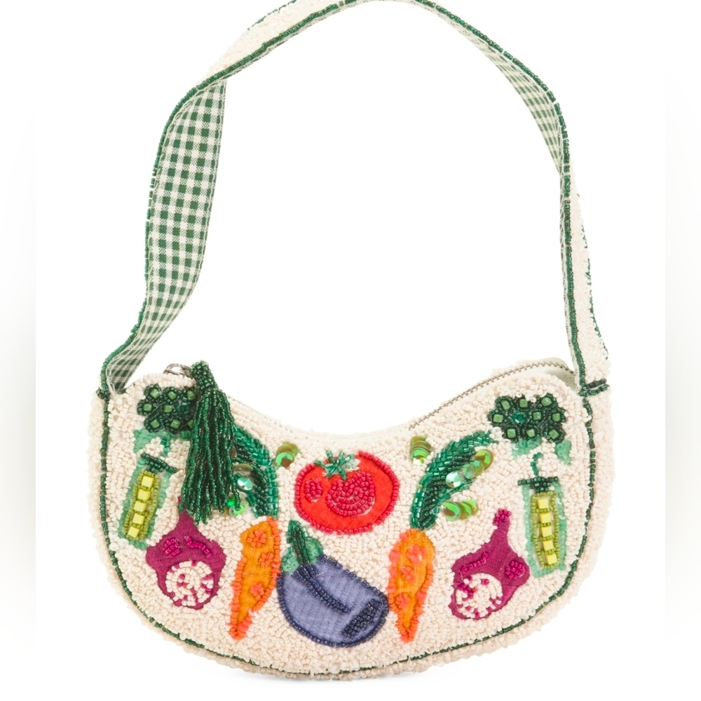 Made In India Vegetable Vibrant Beaded  Embroidered Cream Shoulder Bag
